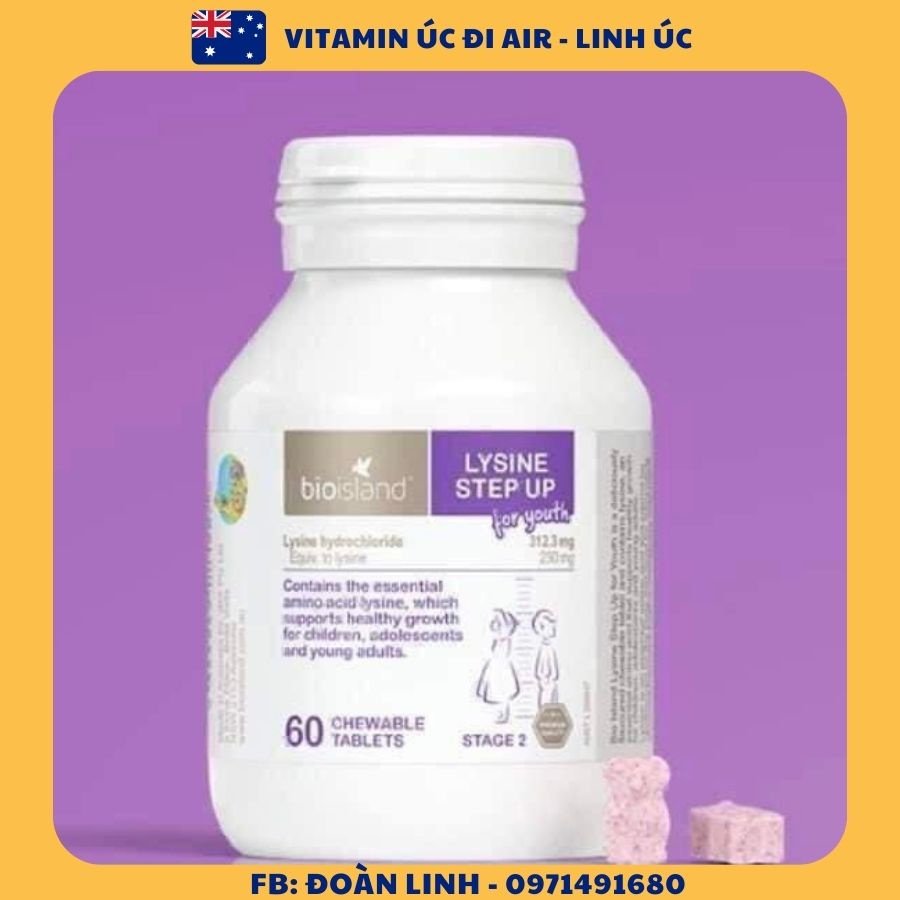 Viên uống tăng chiều cao LYSIN BIOISLAND giúp bé phát triển chiều cao, Hàng chuẩn úc, Hộp 60v