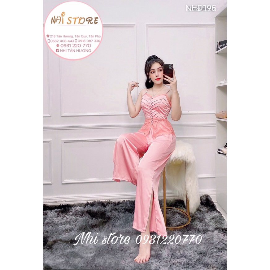 [FREESHIP 50K] Bộ Mặc Nhà Nữ NHISTORE Quần Dài Ống Rộng Xẻ Tà Áo Cúp Ngực Xếp Ly Phối Ren Sexy Freesize Dưới 57kg