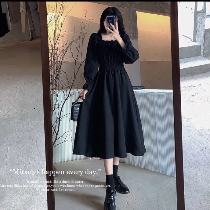 Đầm maxi xếp nếp dáng ôm eo cao cổ vuông co giãn màu đen thời trang cổ điển cho nữ