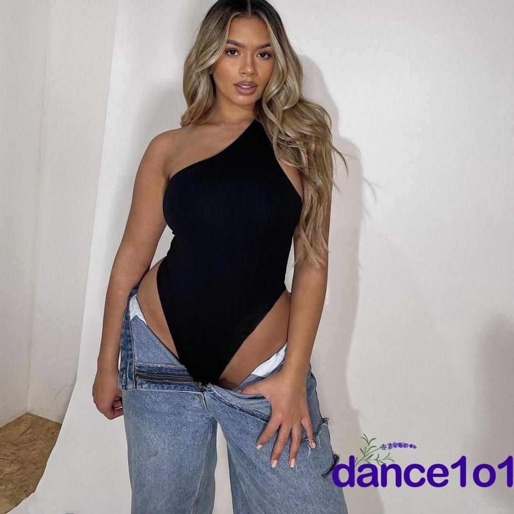 ✩Mn☾Áo Liền Quần Một Mảnh Lệch Vai Không Tay Màu Trơn Cho Nữ