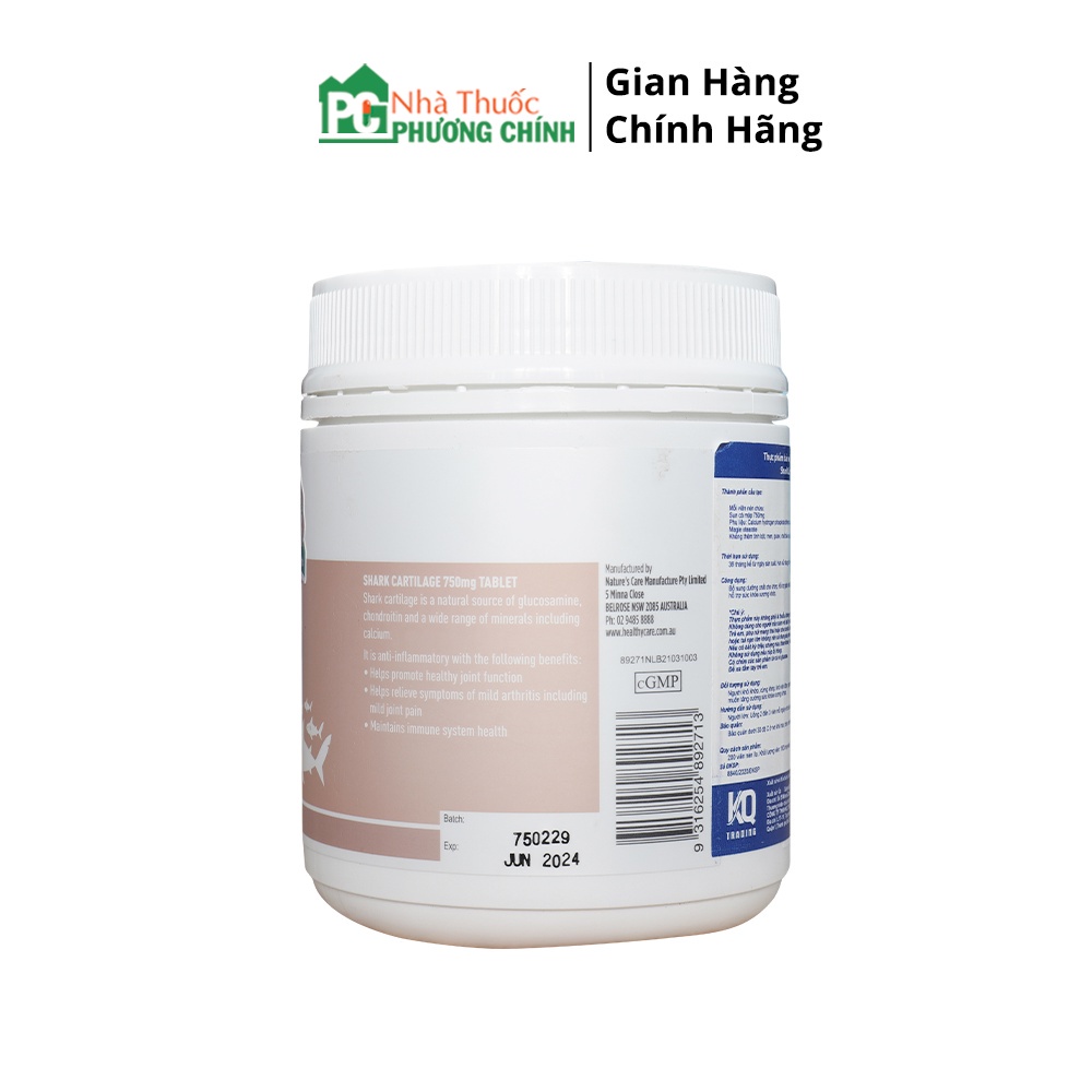 Viên Uống Sụn Cá Mập Healthy Care Shark Cartilage Úc - Cung Cấp Canxi, Bổ Sung Dưỡng Chất Cho Khớp 750mg