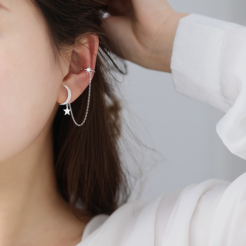 Bông Tai Bạc S925 Ear Cuff Trăng Sao Trẻ Trung Cá Tính | Khuyên Tai Nữ Trang Sức Bạc Thời Trang Ear Cuff