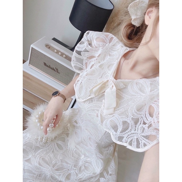 Đầm dự tiệc tiểu thư ren thêu nổi cao cấp Mizin