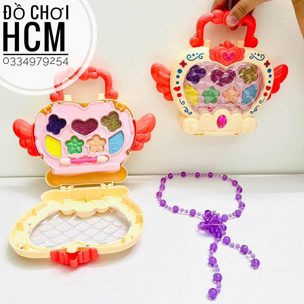 Đồ chơi trẻ em vali trang điểm có dây đeo, phấn thật dành cho bé gái thích make up cô dâu, búp bê công chúa