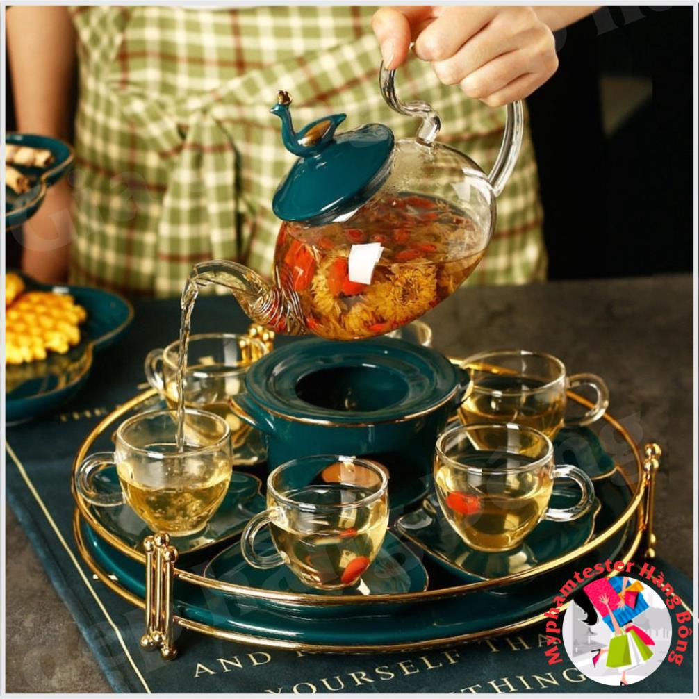 Bộ ấm chén pha trà hoa cúc ấm bằng thủy tinh chịu nhiệt kèm khay hình  tròn