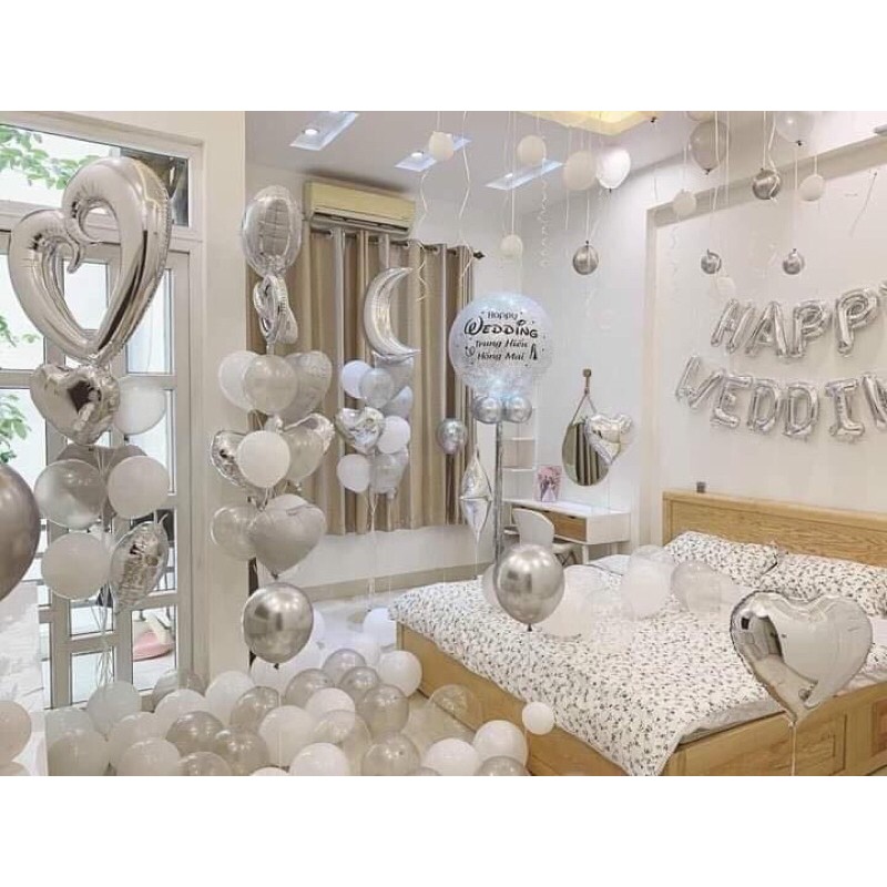 Bộ bóng trang trí phòng cưới màu trắng bạc tinh tế