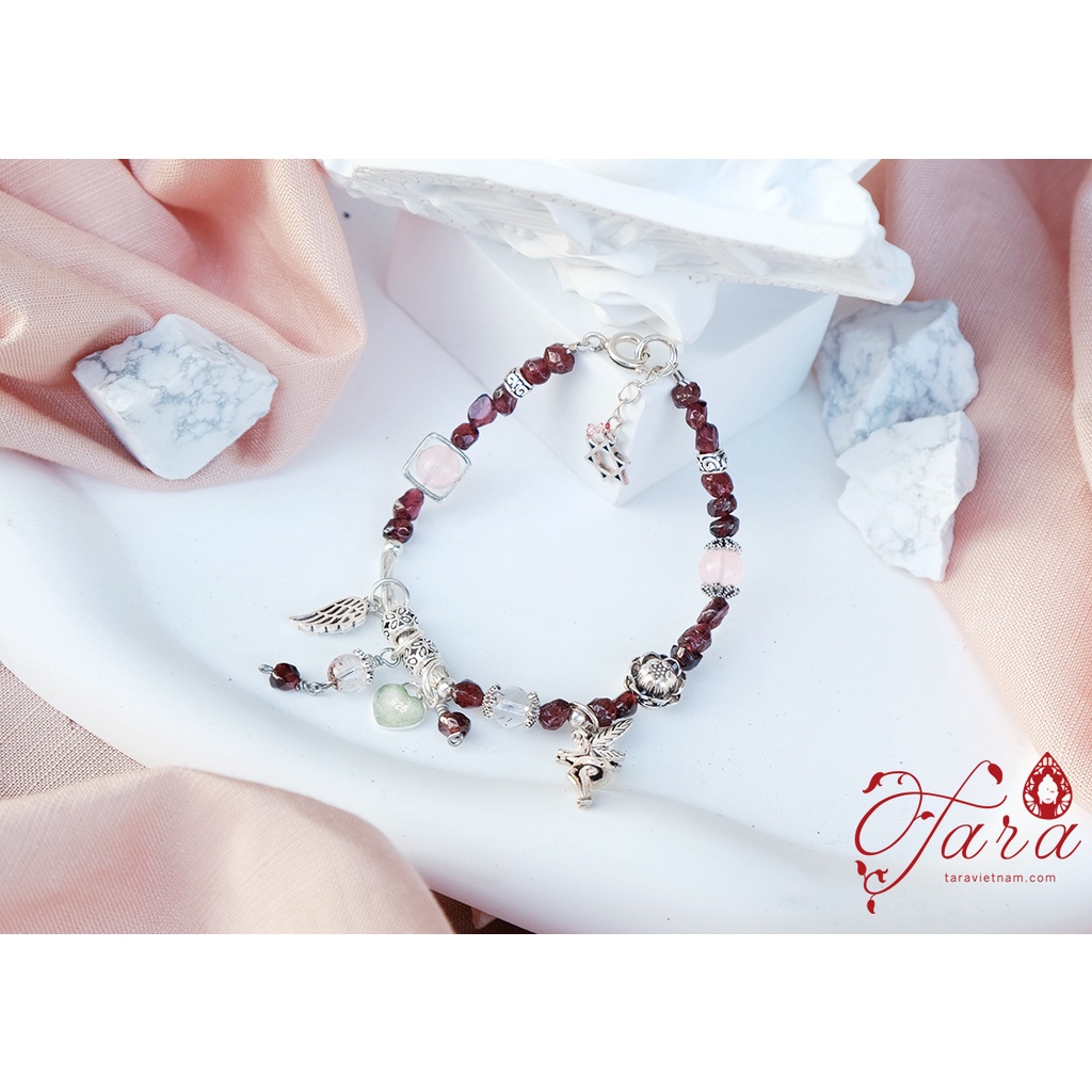Vòng tay Tara Gems - Vòng tay Garnet thô mix TA hồng cao cấp charm bạc 925