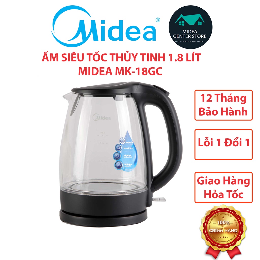 [Chính hãng] Ấm bình đun siêu tốc thủy tinh Midea 1.8 lít MK-18GC hàng chính hãng , bảo hành 12 tháng , lỗi 1 đổi 1