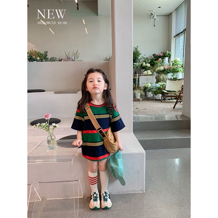 Áo Thun Cotton Dáng Dài Họa Tiết Kẻ Sọc Màu Sắc Tương Phản Phong Cách Hàn Quốc Thời Trang Mùa Hè Cho Nữ