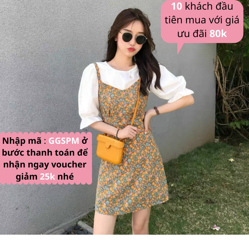 Váy nữ dạng yếm, Set đồ nữ gồm đầm 2 dây hoạt tiết hoa nhí và áo kiểu tay phồng màu trắng phong cách ulzzang siêu xinh | BigBuy360 - bigbuy360.vn