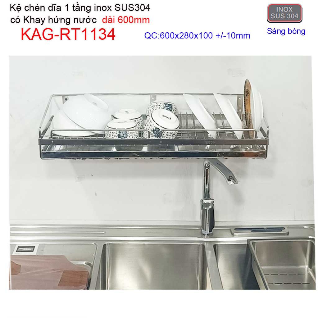 Kệ đựng chén bát dài 60cm, 70cm,80cm inox 304,  kệ úp chén dĩa 1 tầng có khay hứng nước inox KAG-RT1134-RT1135-KAG1136