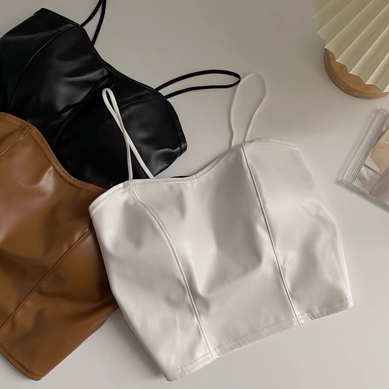 Áo hai dây Croptop cúp ngực giả da phong cách retro