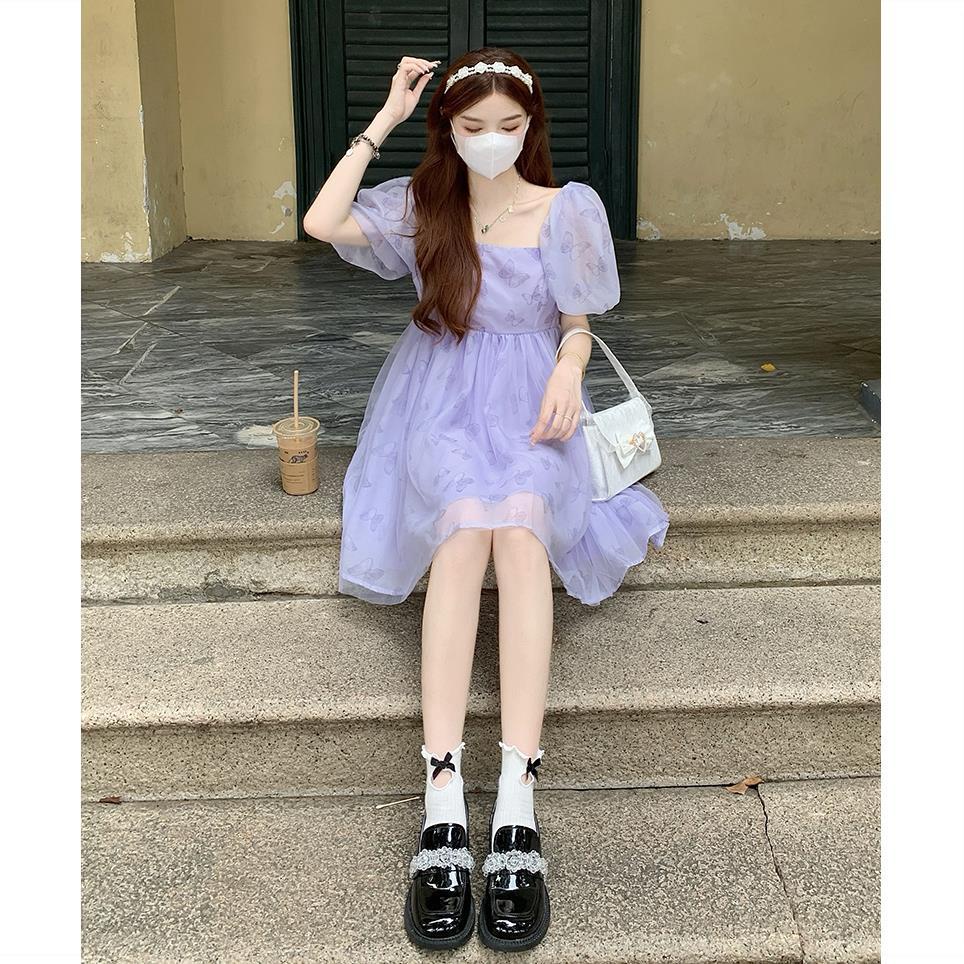 Váy babydoll Đầm Eo Cao Cổ Vuông Tay Phồng Phong Cách Phương Tây Thời Trang Mùa Hè 2022 Mới