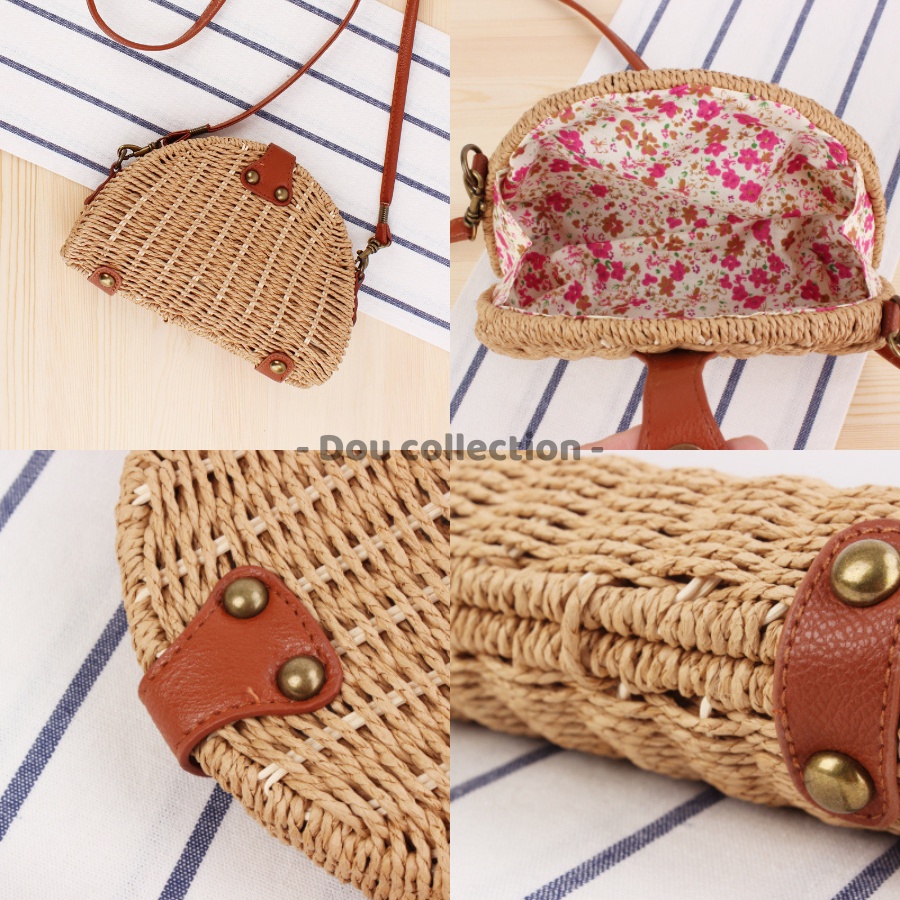 Túi cói đi biển nữ, Túi đeo chéo mini rơm Raffia trơn phong cách Vintage thời trang mùa hè màu nâu be - Mã TC013