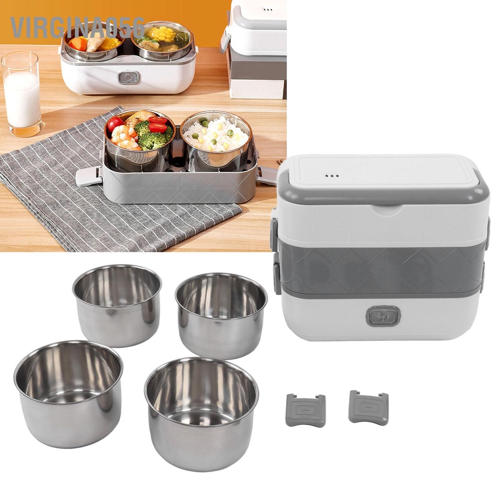 Virgina056 Hộp cơm điện 200W hâm nóng hai lớp thức ăn di động cho xe hơi ở nhà và nơi làm việc