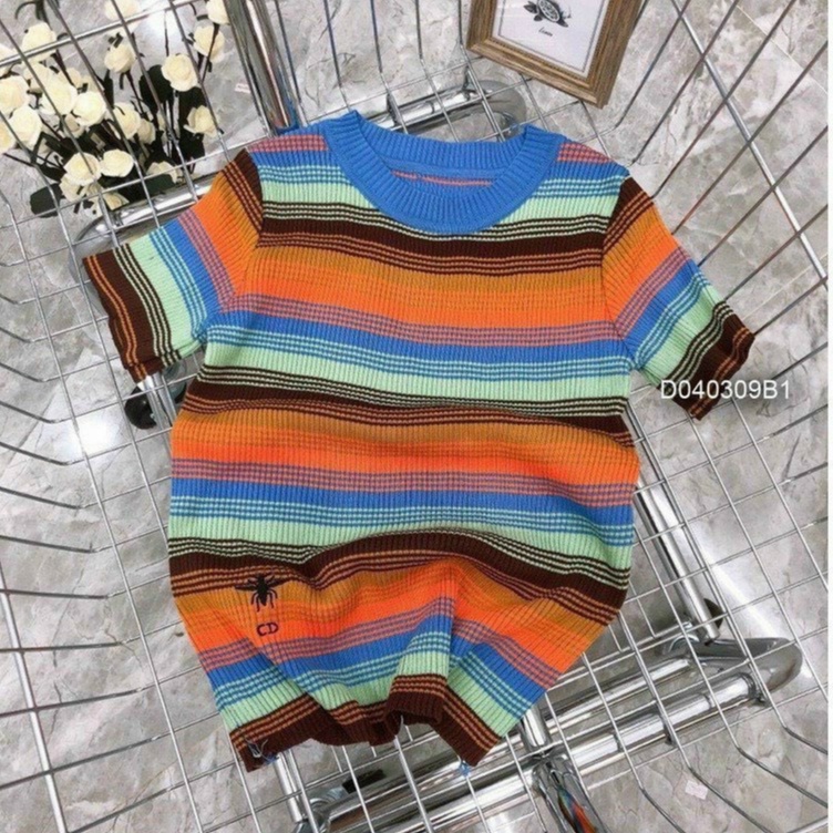 Áo Dệt Kim Nữ Kẻ Ngang Tay Ngắn Cố Tròn Vải Mềm Mại Ailee