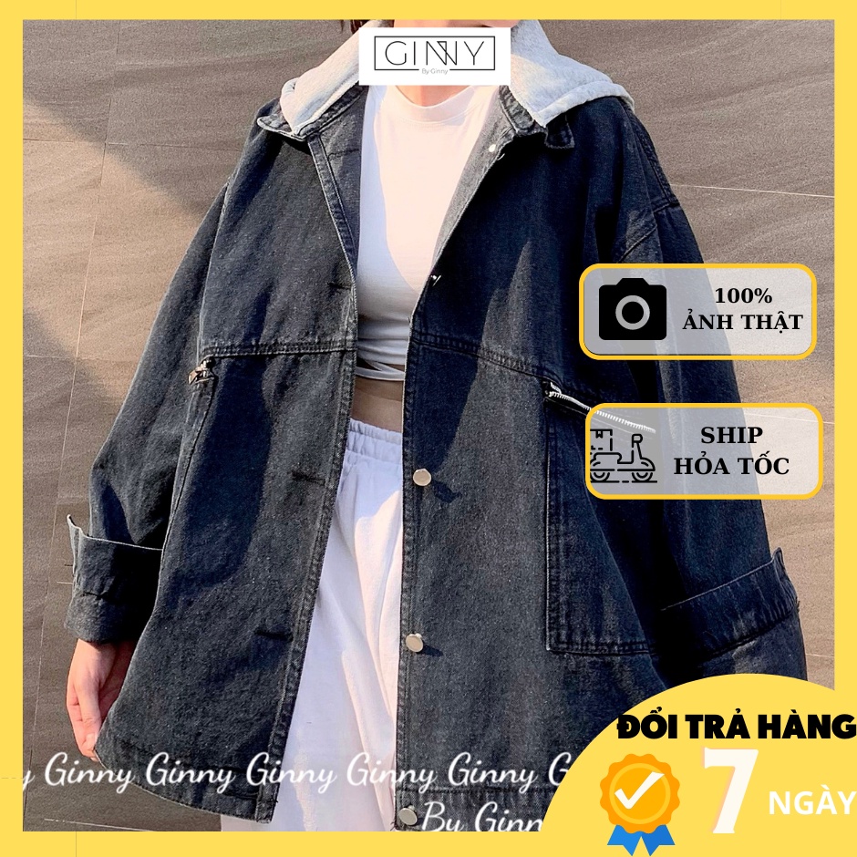 Áo khoác jean túi zip nón nỉ GINNY TK-02 form rộng 2 màu unisex nam nữ chính hãng