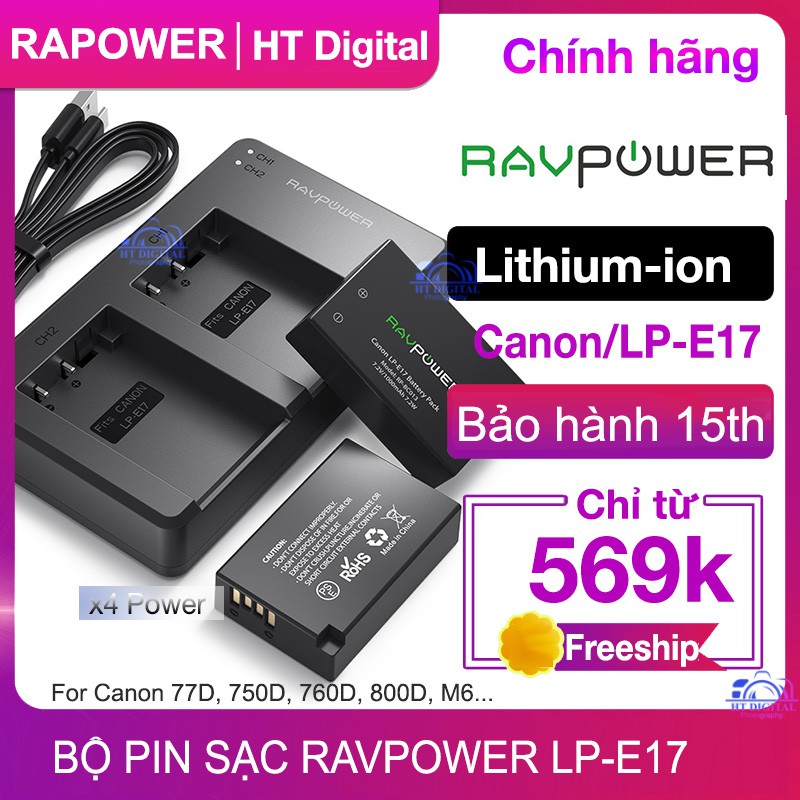 Bộ 2 pin RavPower LP-E17 và sạc đôi LP-E17 cho Canon 77D, 750D, 760D, 800D, M6 - Hàng chính hãng