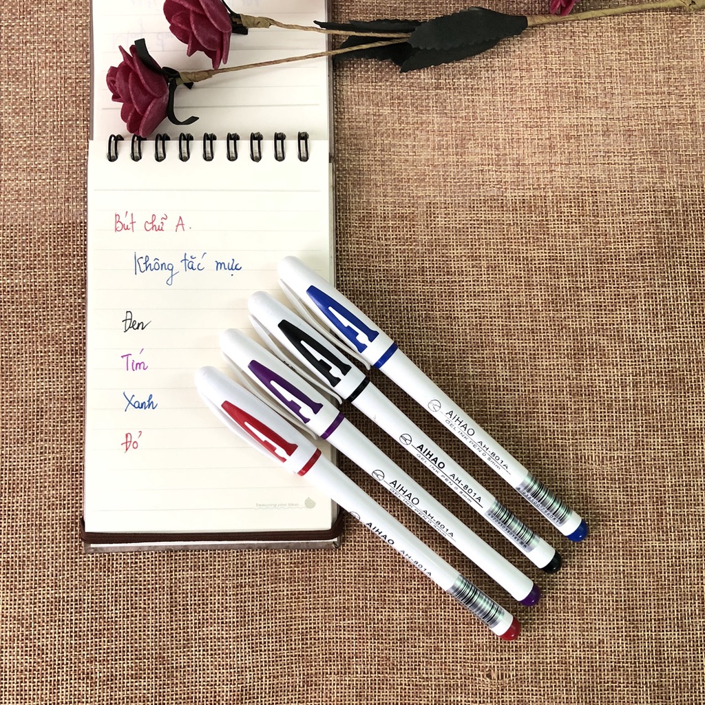 Bút chữ A - hàng chuẩn loại 1, không tắc mực, viết êm trơn, ngòi 0.5 mực đậm - Tím/xanh/đen/đỏ - vpp Diệp Lạc