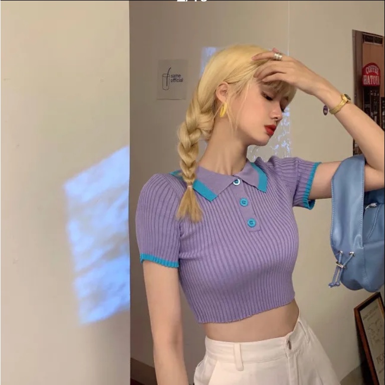 Áo croptop dệt kim ngắn tay có cổ thời trang mùa hè cho nữ