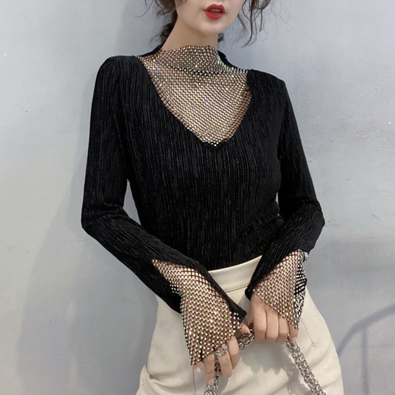 Áo thun tay dài phối lưới đính đá thời trang xuân thu dành cho nữ 2021