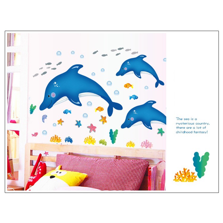 Decal dán tường cho bé [FREESHIP 50K] Đàn cá heo xanh
