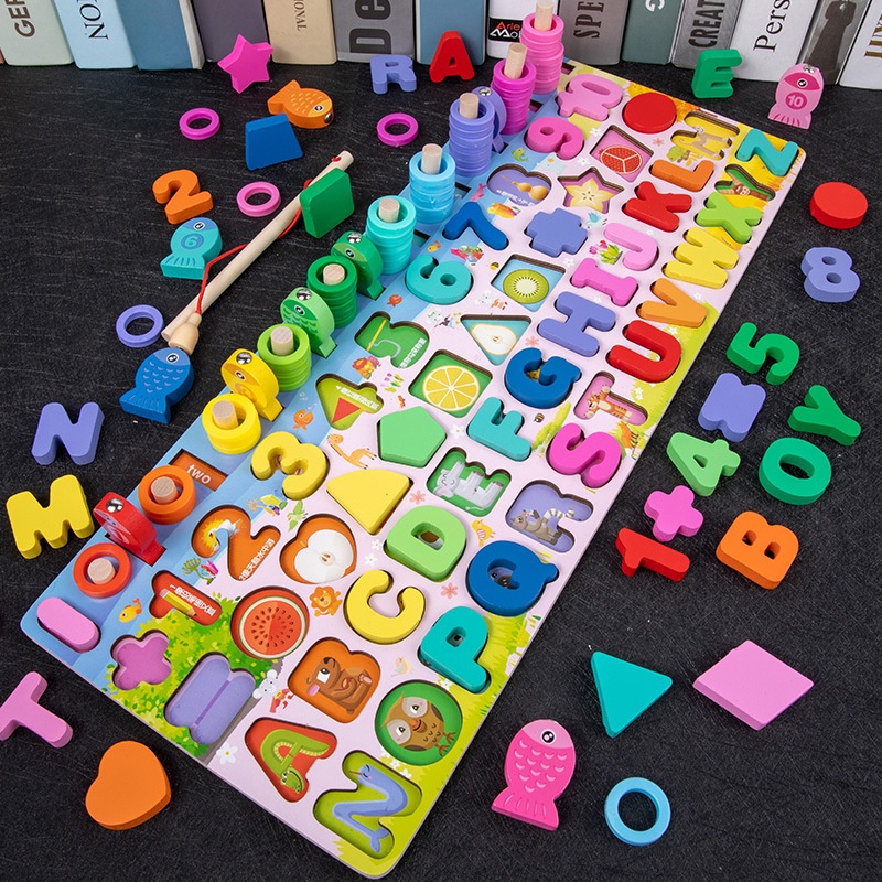 Bảng ghép hình gỗ chữ cái, số 7 in 1 6 in 1, đồ chơi thông minh cho bé phát triển trí tuệ thương hiệu KidHouse.vn