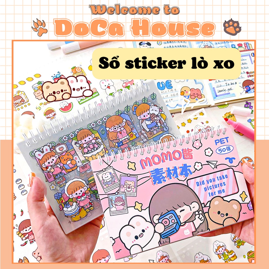 Sổ Tay Sticker PET Chống Nước, Sổ Lò Xo 50 Trang Hình Dán Trang Trí Đáng Yêu