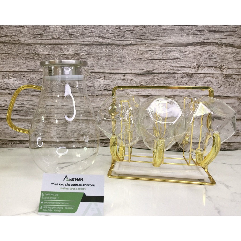 Bộ bình 6 cốc thủy tinh pha trà deox chịu nhiệt cao trong suốt bầu khía quai vàng kiểu dáng sang trọng cao cấp