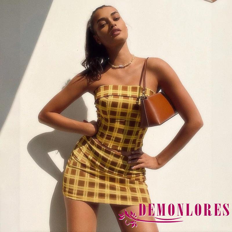 DEMQ-Women Two-piece Skirt Suit Yellow Plaid Print Bodycon Tube Tops and Elastic Waist Wrap Skirt