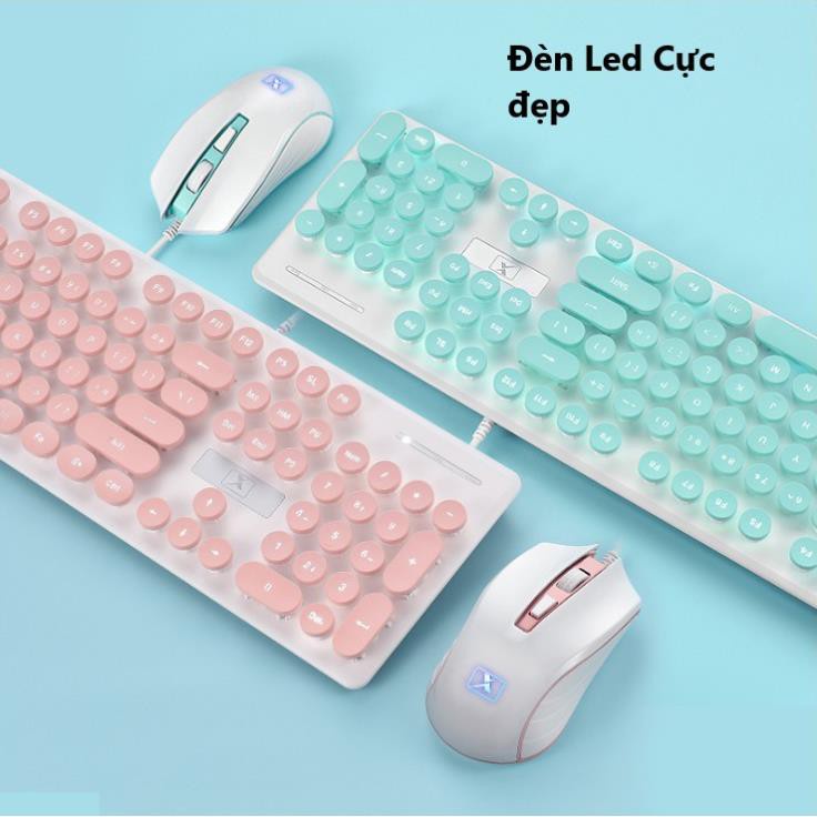 Combo bàn phím + chuột bán cơ N518, phím tròn chơi game có đèn LED siêu xinh