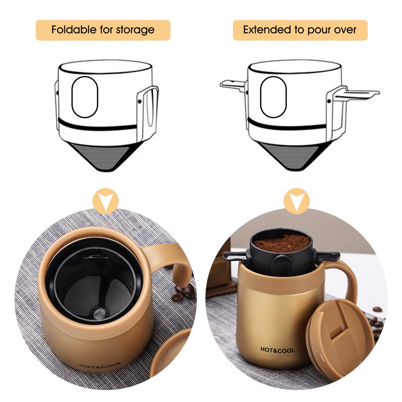 Ly pha cà phê AHAHOME bằng thép không gỉ 304 hai lớp kèm phụ kiện lọc có thể gập lại tiện dụng