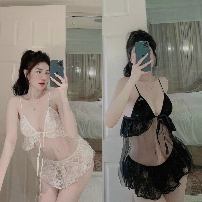 Bộ ngủ mặc nhà nữ quần đùi ren xuyên thấu áo hai dây xẻ ngực sexy