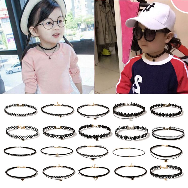 Set 5 Vòng Cổ Choker Co Giãn Màu Đen Phong Cách Gothic Tinh Tế Thời Trang Cho Bé Gái