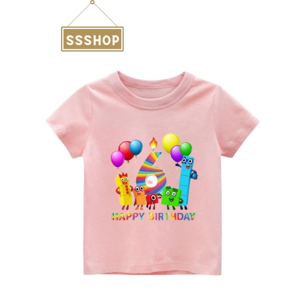 Áo thun trẻ em💖Áo cotton mát mịn họa tiết Hoạt Hình NumberBlock Chúc Mừng Sinh Nhật cho bé 2 3 4 5 6 Tuổi - Hồng