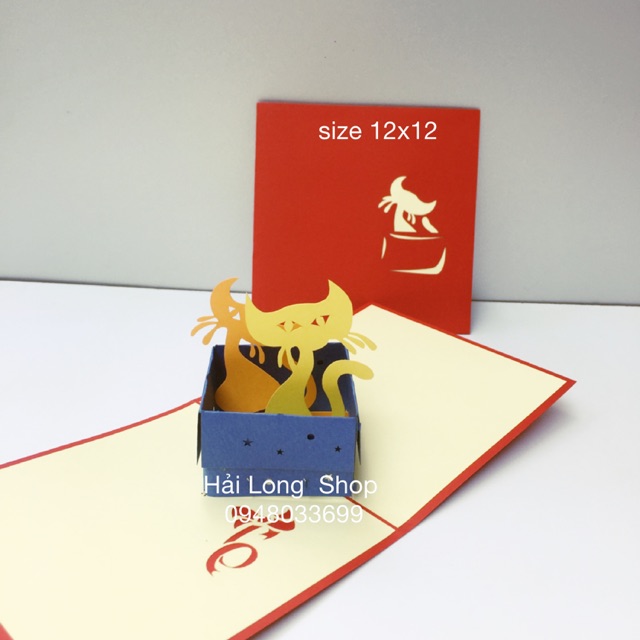 Mèo 2  (ngồi trong hộp)- Cat  - Sinh Nhật - Thiệp 3D