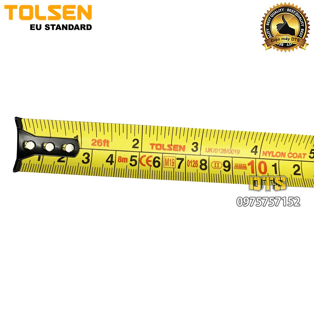 Thước rút, thước cuộn thép công nghiệp TOLSEN 8m tích hợp nam châm, vỏ bọc cao su cao cấp chống sốc - Tiêu chuẩn châu Âu