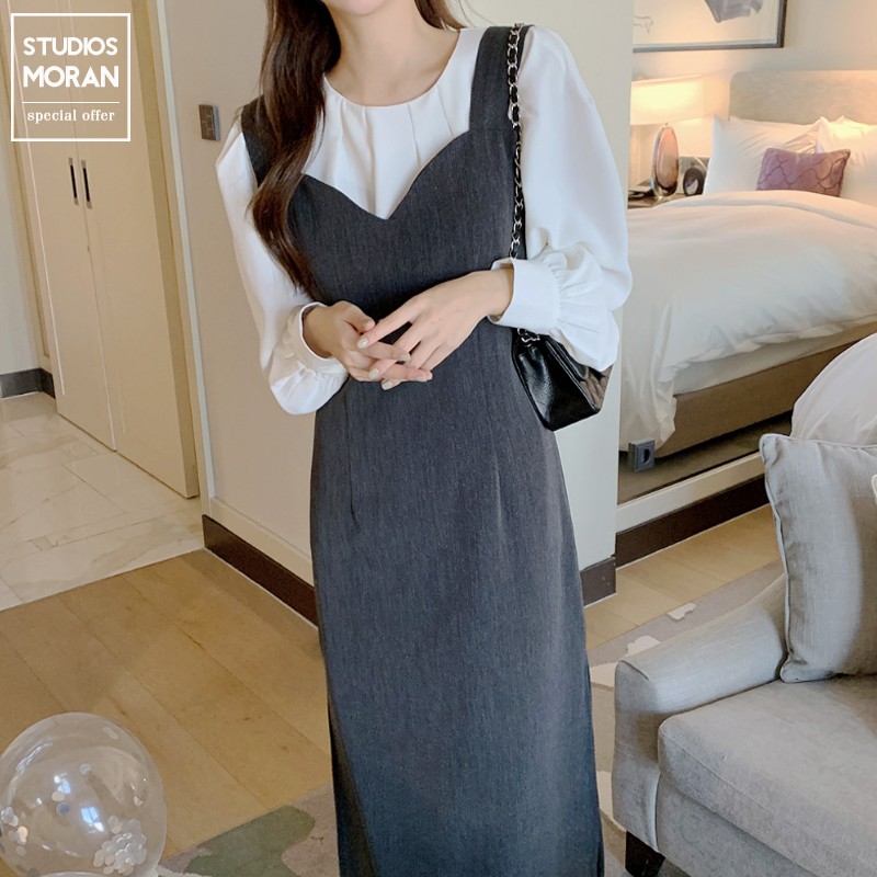 Váy yếm hai dây MORAN suông dài xẻ tà điệu đà thanh lịch nhẹ nhàng style Hàn Quốc