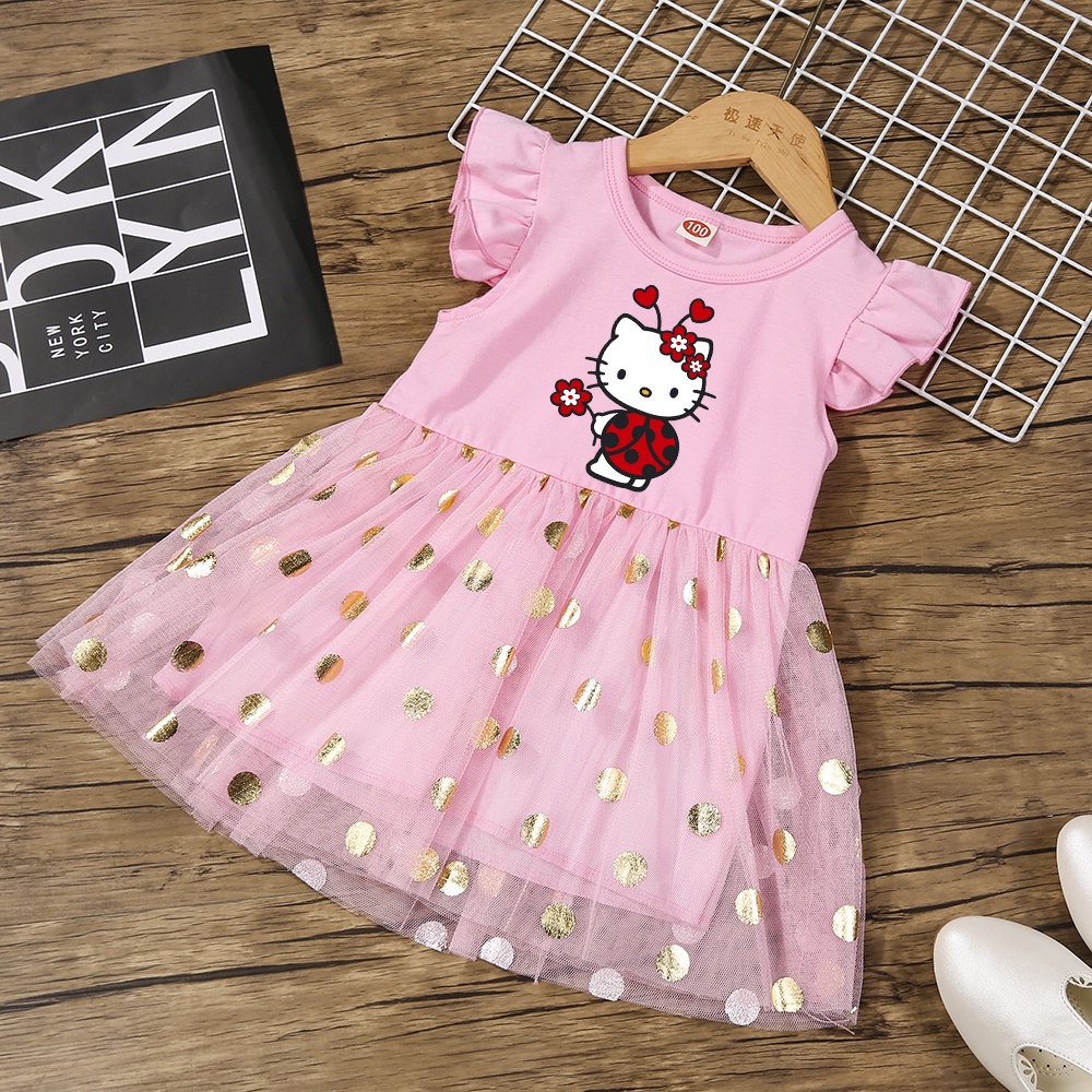 Đầm Công Chúa Phối Lưới In Họa Tiết Mèo kitty Dễ Thương Thời Trang Dự Tiệc Cưới Cho Bé Gái