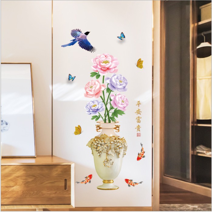 decal trang trí bình hoa cá chim bông sắc màu
