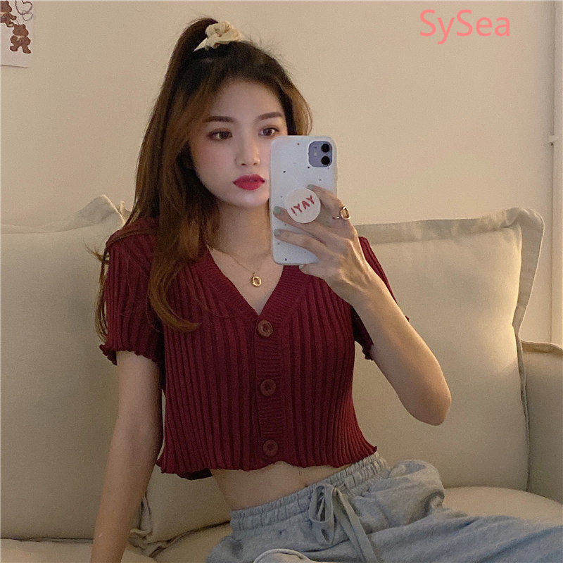 Áo croptop nữ dệt kim cổ chữ V tay ngắn màu ngọt ngào thời trang