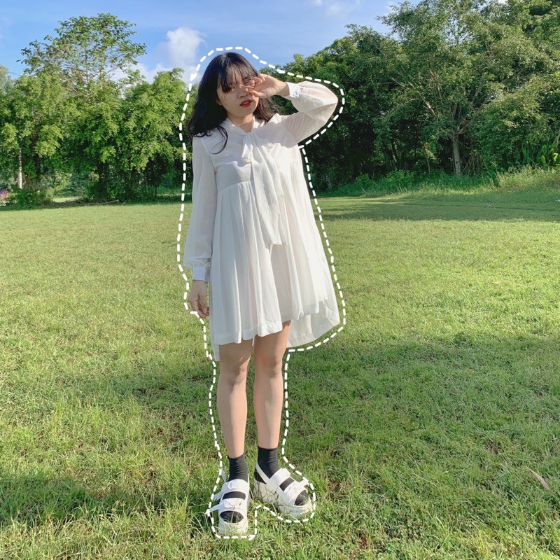 Đầm babydoll voan xếp ly nơ cổ