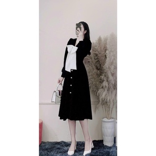 ĐẦM MIDI ĐEN PHỐI NƠ CỔ