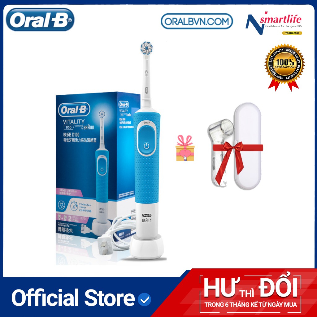 Bàn chải điện đánh răng tự động Oral B D100 xanh dương làm sạch răng, hạn chế viêm nướu kèm hộp nắp