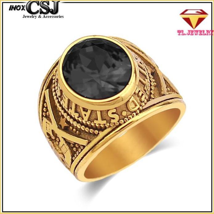 Nhẫn mỹ inox mạ vàng đá đen, đỏ, xanh đẹp giá rẻ n505 ( titanium ,  inox cao cấp )