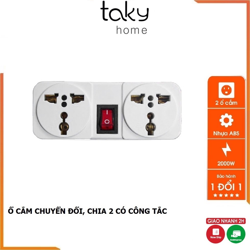 Ổ Cắm Chia 2 Ổ Kèm Công Tắc, Chuyển Từ 1 Ổ Sang 2 Ổ 3 Chấu, Công Suất 2000W, ABS chống cháy - TakyHome 8606