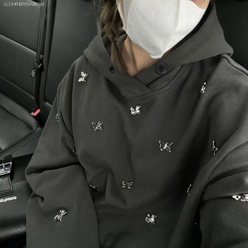 Áo Khoác Hoodie Bằng Cotton Nguyên Chất Hai Lớp Đính Hạt Hình Bướm Phong Cách Đường Phố Mỹ Thời Trang Mùa Thu 2022