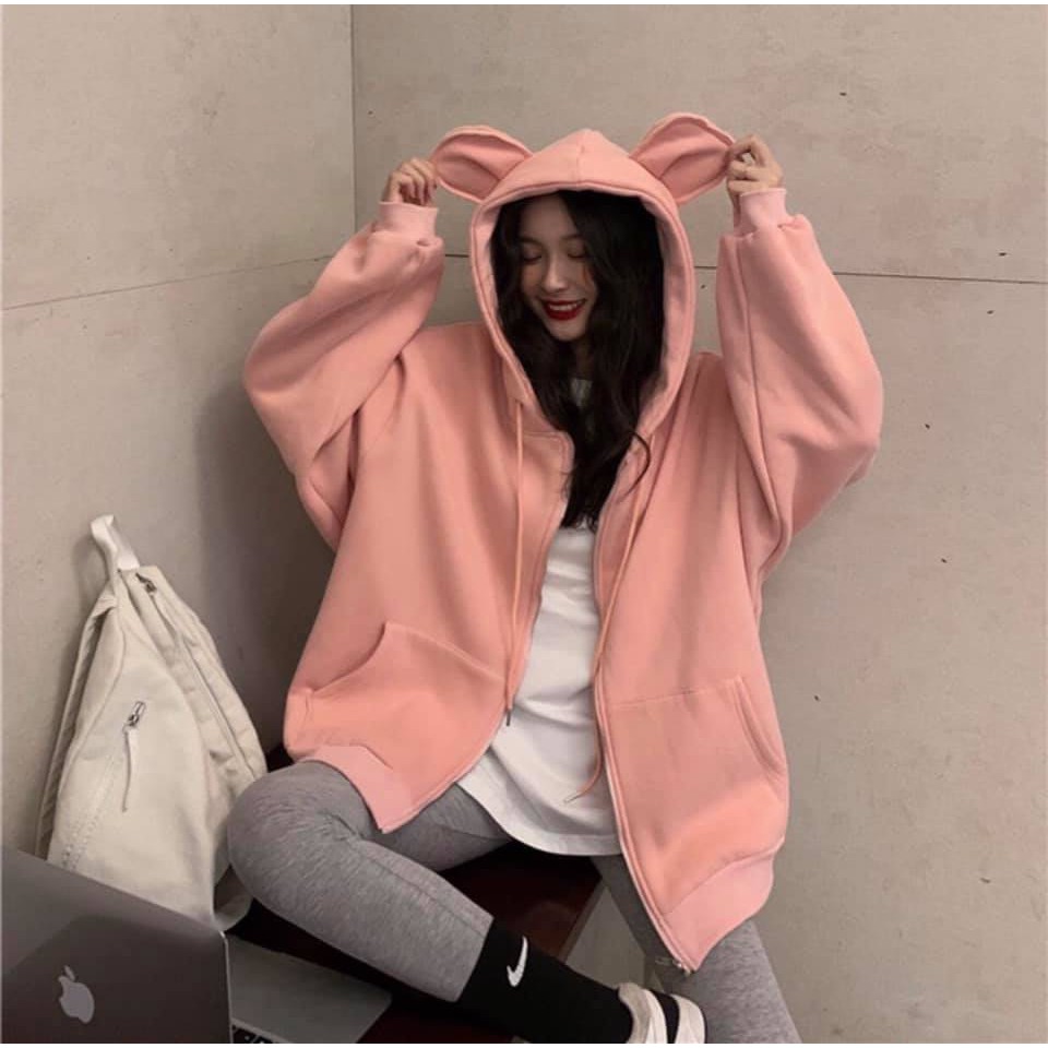 Áo Khoác Nỉ BEAREARS Nữ [FREESHIP] 🌸 Hoodie jackets mũ tai gấu khóa zip cute dễ thương màu XANH | HỒNG Ulzzang HOT 🌸 | BigBuy360 - bigbuy360.vn