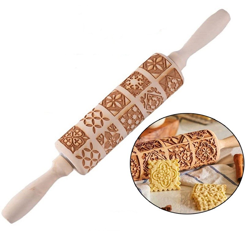Thanh cán bột chất liệu gỗ 35cm họa tiết khắc dập nổi phong cách Giáng sinh làm bánh quy/pastry & pasta DIY