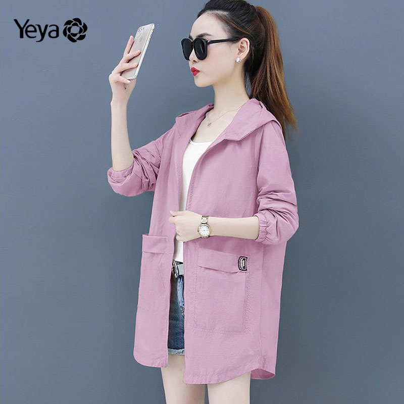 Áo khoác YEYA chống nắng mỏng tay dài màu trơn có khóa kéo dài đến giữa đùi cho nữ